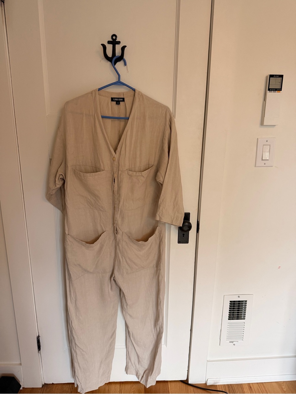 Ilana Kohn Beige Linen Jumpsuit with Front Patch Pockets